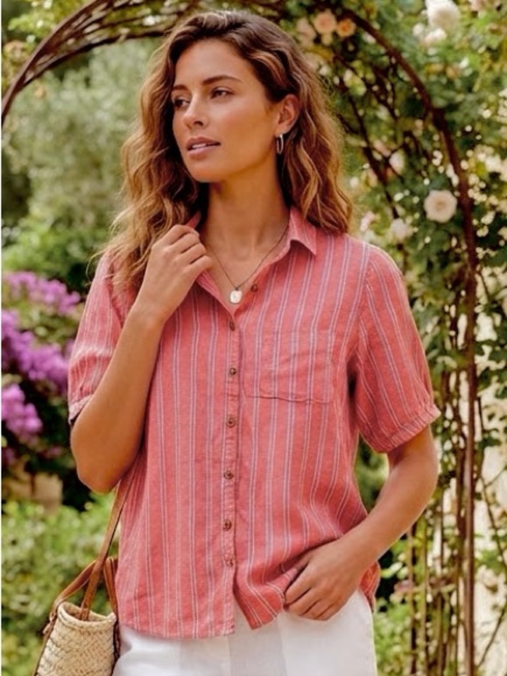 beachlunchlounge Coral-Striped Short-Sleeve Button Down Shirt